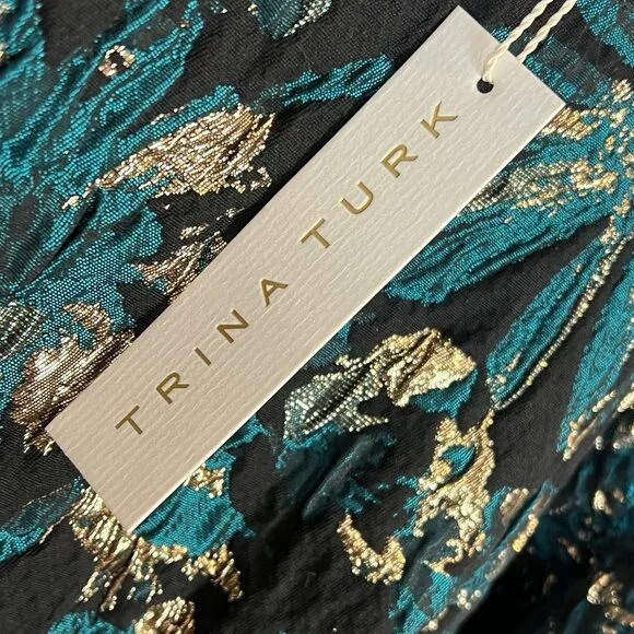 Trina Turk Moonrise Metallic Jacquard Dress Size 14 NWT Black Teal Gold Cocktail - Picture 4 of 14